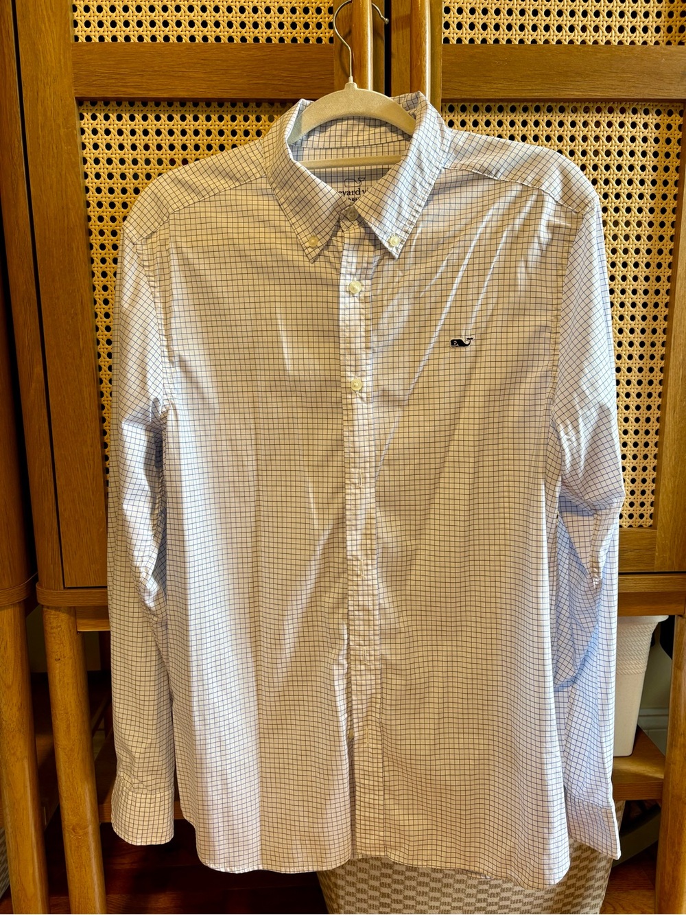 Vineyard Vines White and Blue Small-Check Button-Down Performance Men’s Shirt